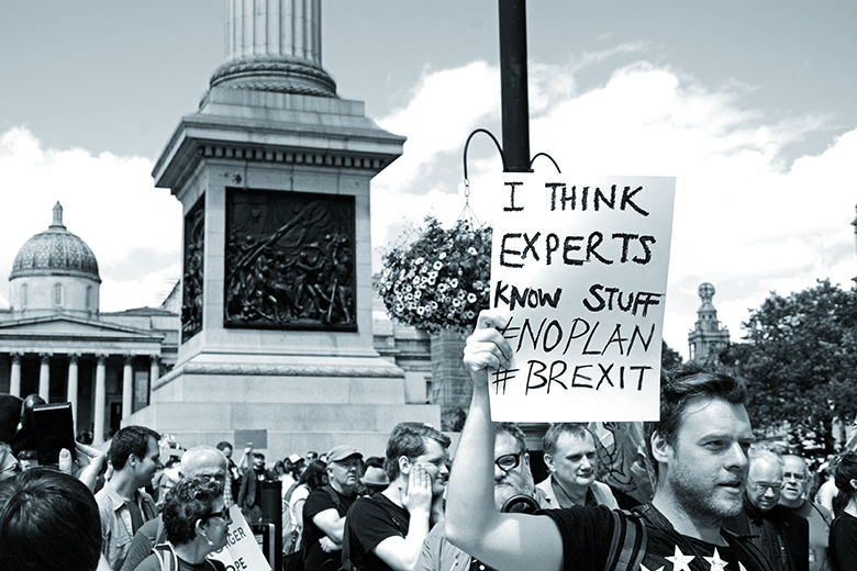 A man holds a sign stating “I think experts know stuff #NoPlan #Brexit” during the March for Europe, London, 2016.