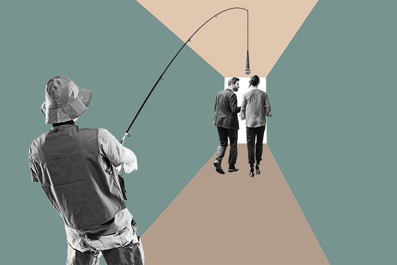 A person with a microphone at the end of a fishing rod dangled near two people in a corridor. To illustrate that without teaching training academics need to resort to fishing the corridors for gossip on what is best practice.