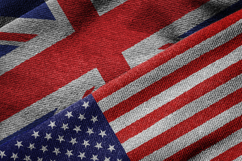 Flag of United States on top of flag of United Kingdom