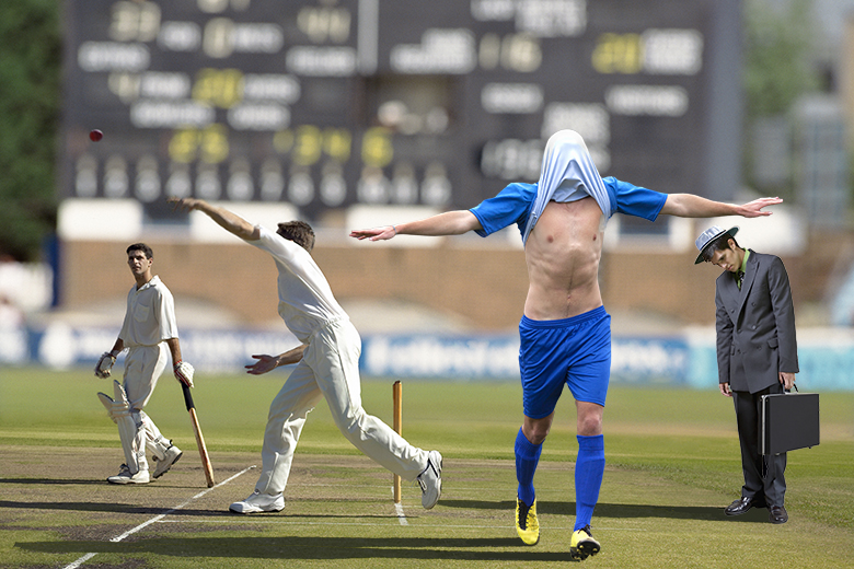 A soccer player celebrating on a cricket pitch with a man in a suit as an umpire. To illustrate a mismatch between employer needs and courses and degrees on offer, which Skills England is supposed to improve.