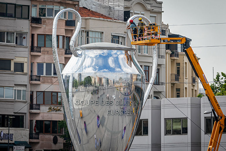 A 2023 UEFA Champions League trophy mock-up seen at Taksim Square. Manchester City and Inter Atatürk will meet at the Olympic Stadium in the final match. To illustrate the huge prize of an ERC grant.