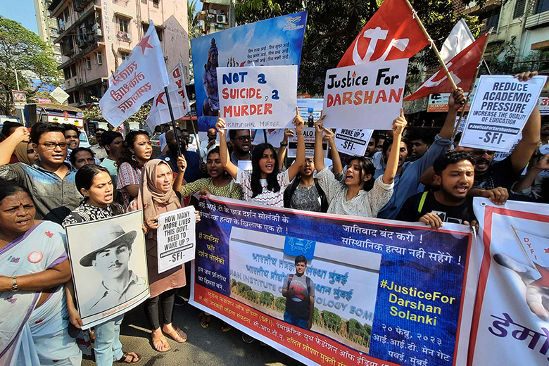 IIT Bombay students, Student Federation of India and other student organisations protest outside IIT Bombay seeking justice for 18-year-old Dalit student Darshan Solanki, who died by suicide on 12 February inside IIT Bombay, on 20 February 2023 in Mumbai.