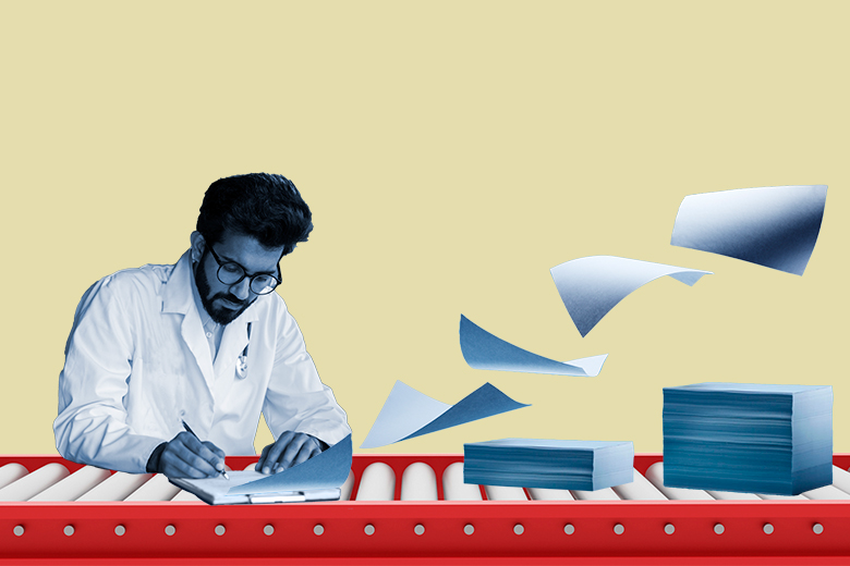 A scientist writing, with his work moving on a conveyor belt. To illustrate hyper-prolific authors.