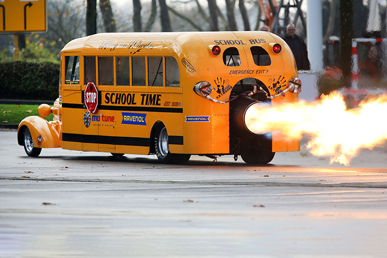 A jet-powered school bus, illustrating accelerated degrees.