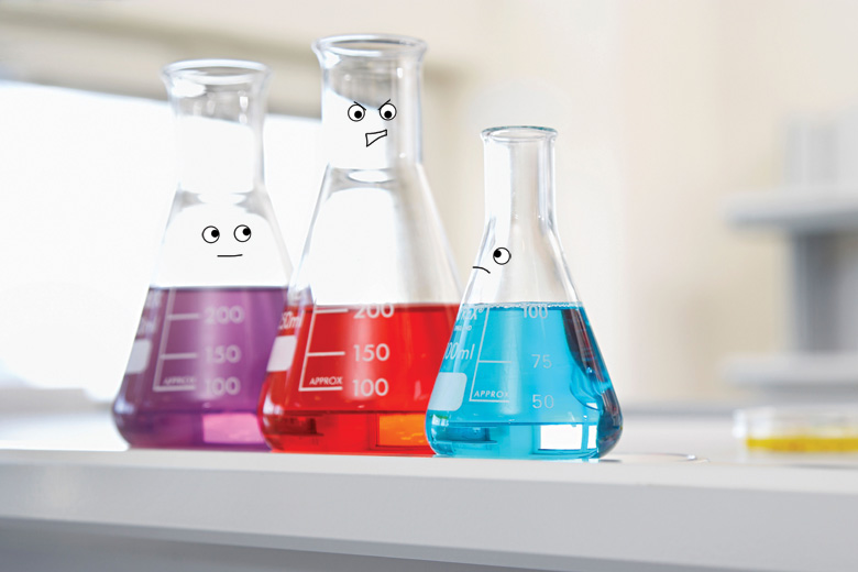 Laboratory beakers showing various facial expressions