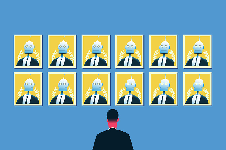 Man looking at framed pictures of robots. To illustrate AI winning awards.