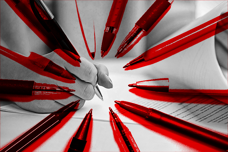 A person signing a paper with many pens circled around it. To illustrate the addition of many authors to an academic paper. A person signing a paper with many pens circled around it. To illustrate the addition of many authors to an academic paper.