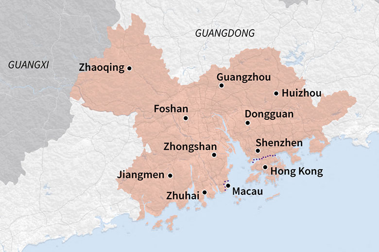 Map showing the Greater Bay Area, China's planned integrated economic and business hub, comprising of special administrative regions of Hong Kong and Macau, and nine municipalities of Guandong province. Map showing the Greater Bay Area, China's planned integrated economic and business hub, comprising of special administrative regions of Hong Kong and Macau, and nine municipalities of Guandong province.