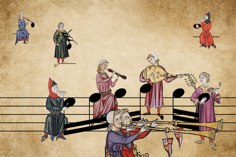 Medieval musicians alone with single musical notes in the background, with a group of musicians playing together with connected musical notes in the foreground. To illustrate the benefit of more concentrated cohorts for music as a scholarly discipline.