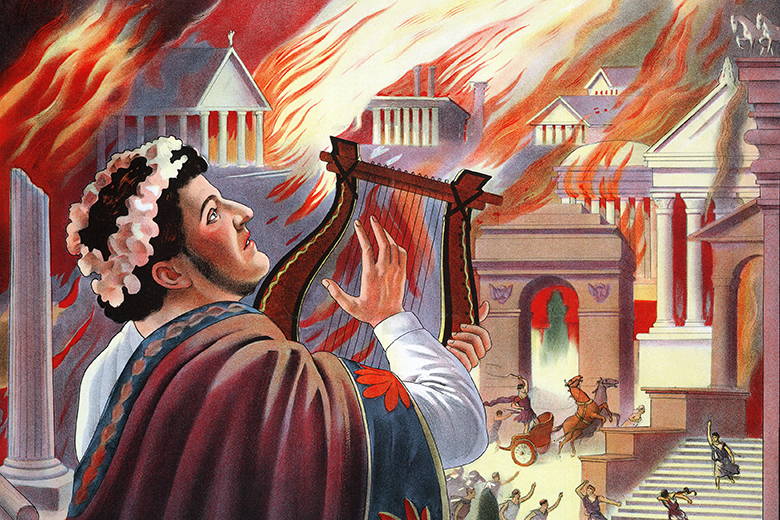 Nero fiddling while Rome burns. Motion picture poster for “Quo Vadis” showing Nero playing lyre while citizens of Rome flee the fire. Artist George Klein, 1913. Nero fiddling while Rome burns. Motion picture poster for “Quo Vadis” showing Nero playing lyre while citizens of Rome flee the fire. Artist George Klein, 1913.