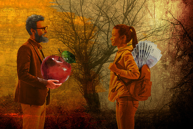 Older man offering an apple to a student with cash in her backpack. To illustrate different perceptions of HE for Gen Z and today's students, for whom university is less obviously a temple of knowledge and more visibly a launching pad for success.