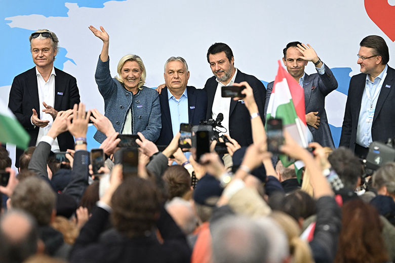 Viktor Orbán (C) is flanked by leader of the Party for Freedom Geert Wilders, with Marine Le Pen, Italy’s Matteo Salvini, Flemish politician Tom Van Grieken and Latvia’s Ainars Slesers during the first Patriotic Rally in Budapest, Hungary, 23 March 2026. Viktor Orbán (C) is flanked by leader of the Party for Freedom Geert Wilders, with Marine Le Pen, Italy’s Matteo Salvini, Flemish politician Tom Van Grieken and Latvia’s Ainars Slesers during the first Patriotic Rally in Budapest, Hungary, 23 March 2026.