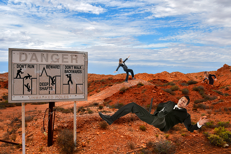 People stumbling over a dangerous landscape with a danger sign. To illustrate the uncertainty facing administrators at Australian universities with regard to enrolments. People stumbling over a dangerous landscape with a danger sign. To illustrate the uncertainty facing administrators at Australian universities with regard to enrolments.