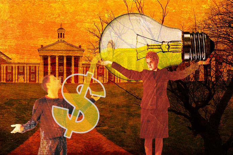 Light from a lightbulb being poured in to a dollar symbol. To illustrate the need for universities to respond to students seeing credentials as more important than knowledge signals.