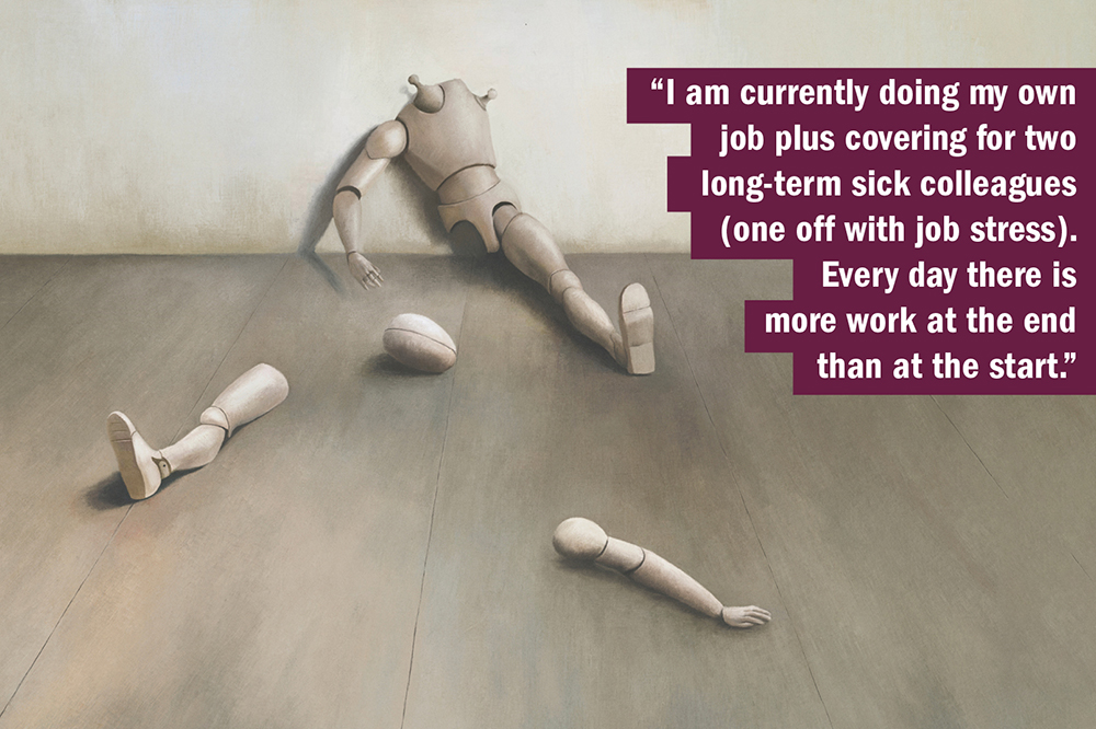 THE UK University Redundancy Survey. A broken model on the floor, illustrating overwork.