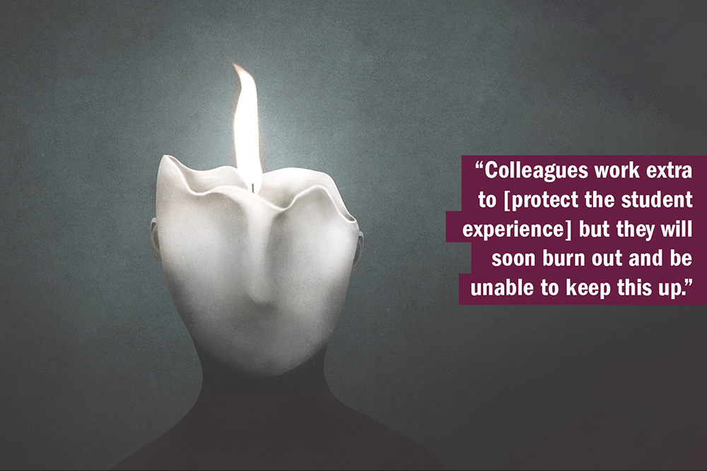 THE UK University Redundancy Survey. Person with a candle as their head, illustrating burn-out.
