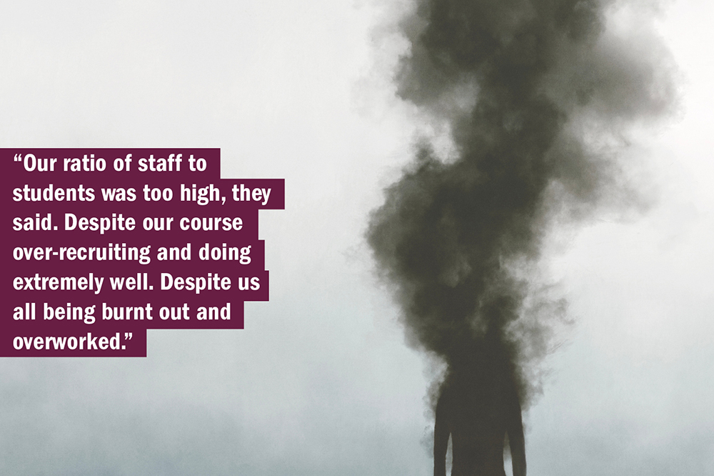 THE UK University Redundancy Survey. Person with smoke obscuring them, illustrating someone burnt out and overworked.