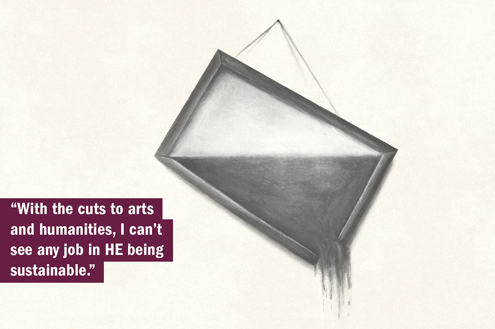 THE UK University Redundancy Survey. A picture hanging on the wall with content tipping out. To illustrate cuts to arts and humanities.