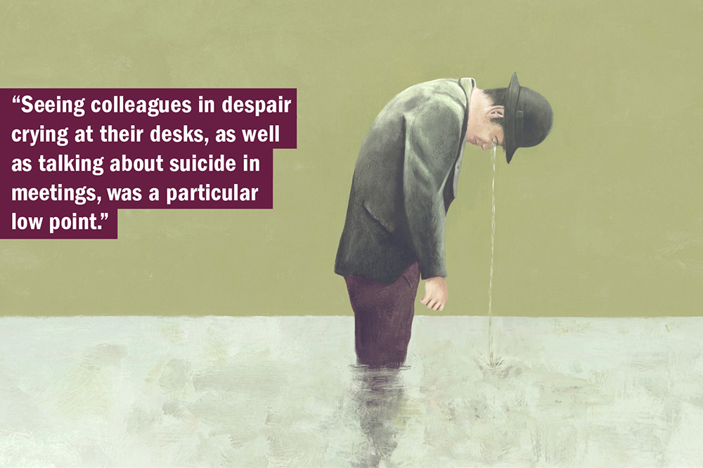 THE UK University Redundancy Survey. Person crying in despair with tears forming a lake.