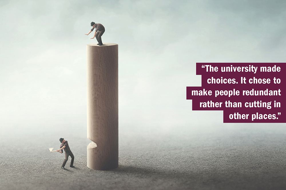 THE UK University Redundancy Survey. Person standing on a post being cut down by another.