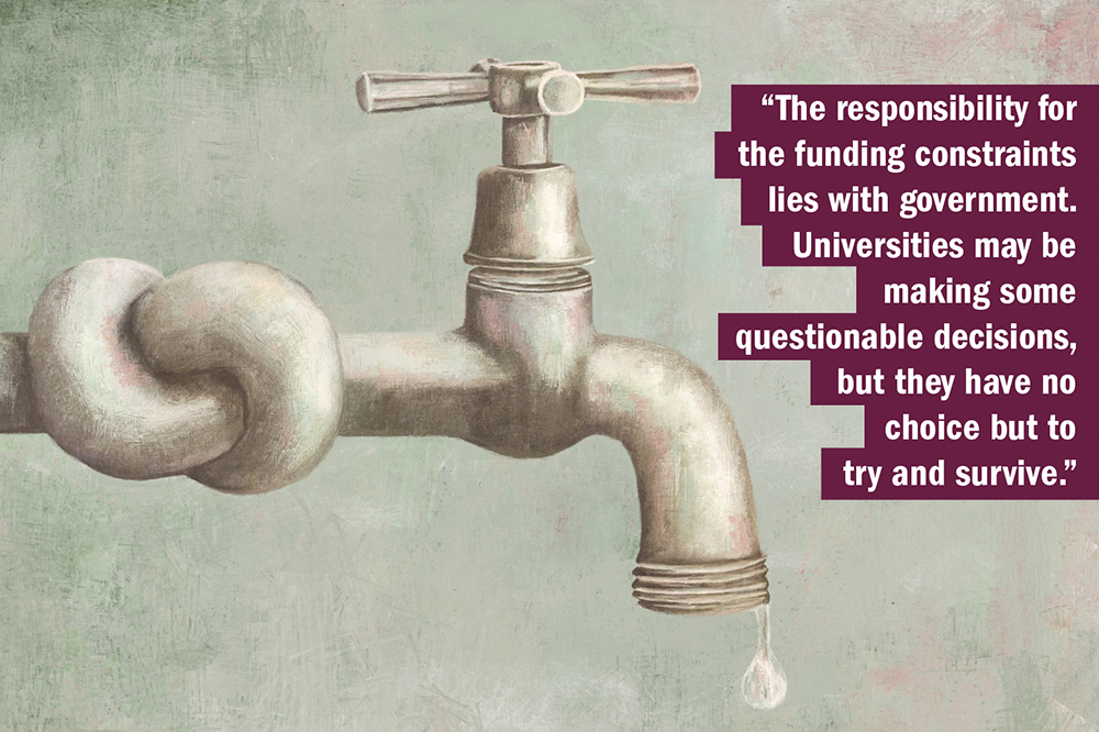 THE UK University Redundancy Survey. Tap with a knot tied in it, illustrating lack of government funding.