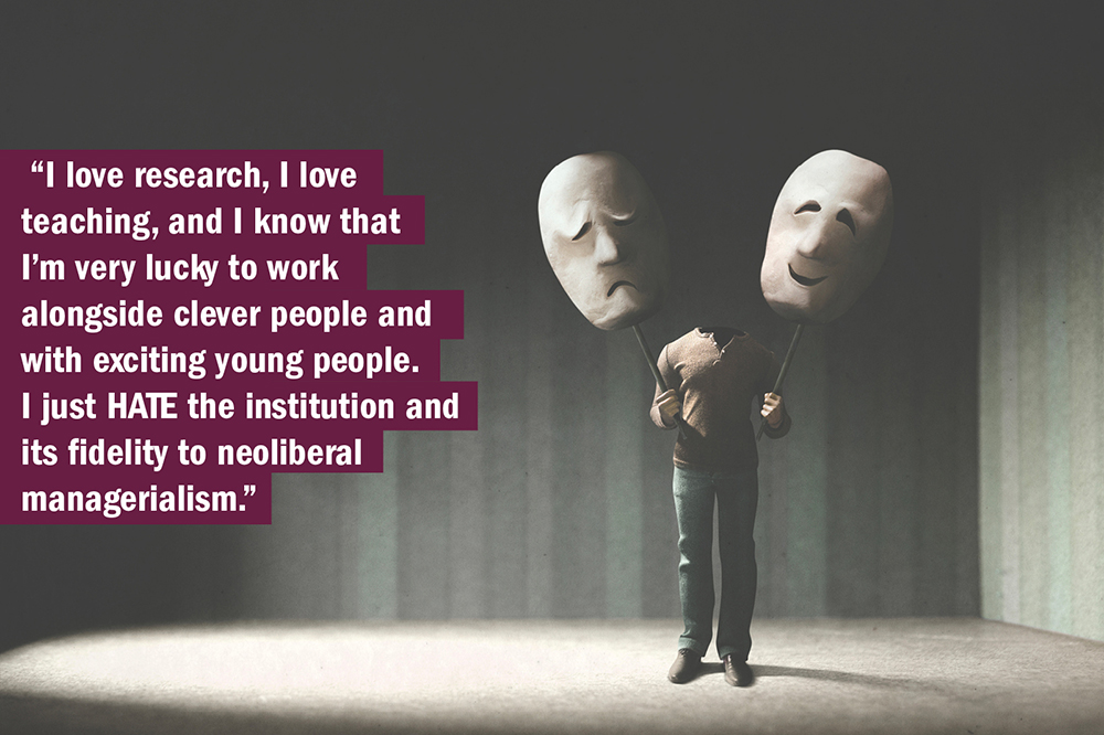 THE UK University Redundancy Survey. Person holding happy and sad masks, illustrating a love for the job but a hate of the institution.