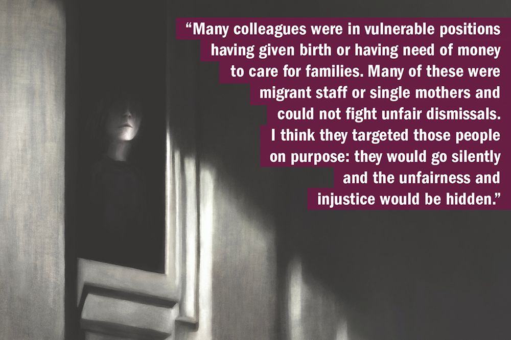 THE UK University Redundancy Survey. A woman hidden in shadows, illustrating hidden redundancies.