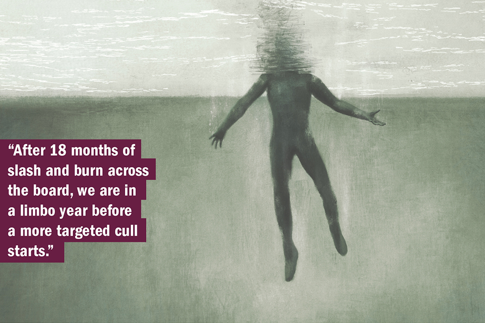 THE UK University Redundancy Survey. Person floating with head just above water, illustrating feeling in limbo.