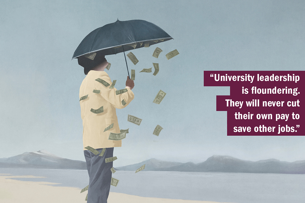 THE UK University Redundancy Survey. Person with money pouring from under umbrella, illustrating that leadership is unwilling to cut their own pay.