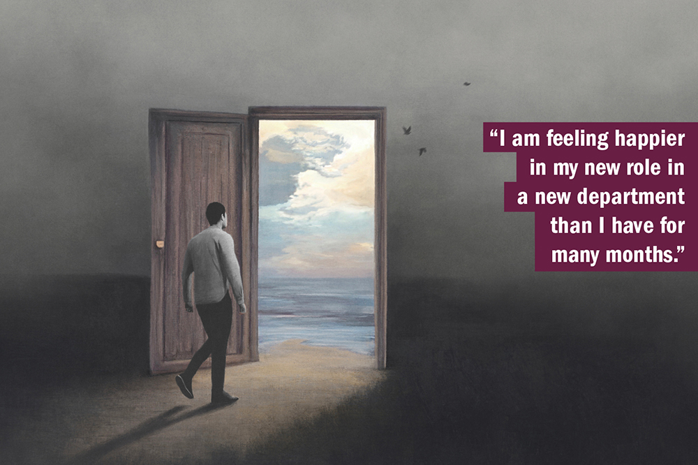 THE UK University Redundancy Survey. Person leaving black and white room towards a colourful environment, illustrating feeling happier after being made redundant.