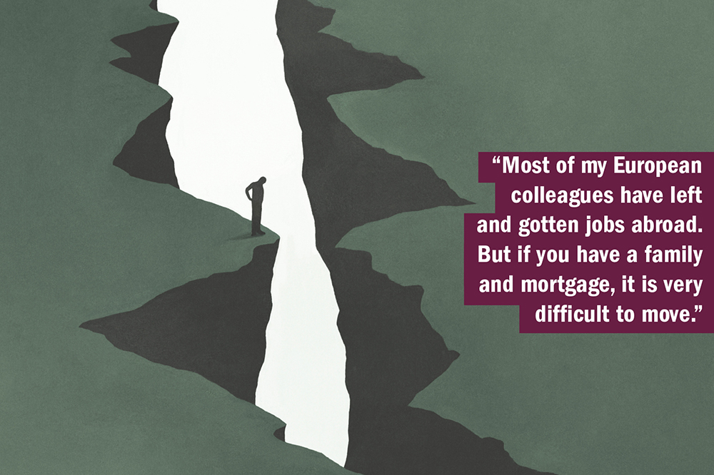 THE UK University Redundancy Survey. Person looking at crevasse, illustrating the difficulty of relocating for some that are made redundant.