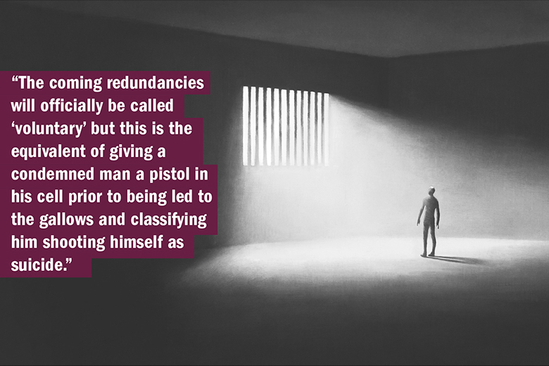 THE UK University Redundancy Survey. Person in a prison cell looking at barred window.