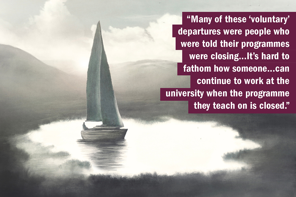 THE UK University Redundancy Survey. Sailing boat in a small pond, illustrating difficulty working at the university when the programme they teach on is closed.