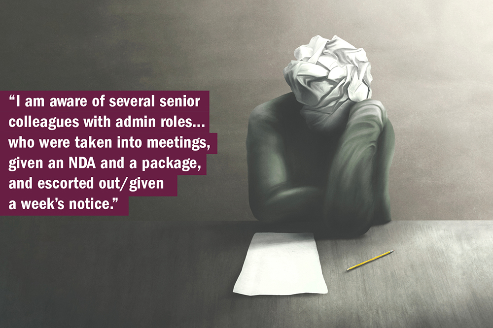 THE UK University Redundancy Survey. Person with screwed-up paper as their head and a piece of paper on desk, illustrating NDAs.