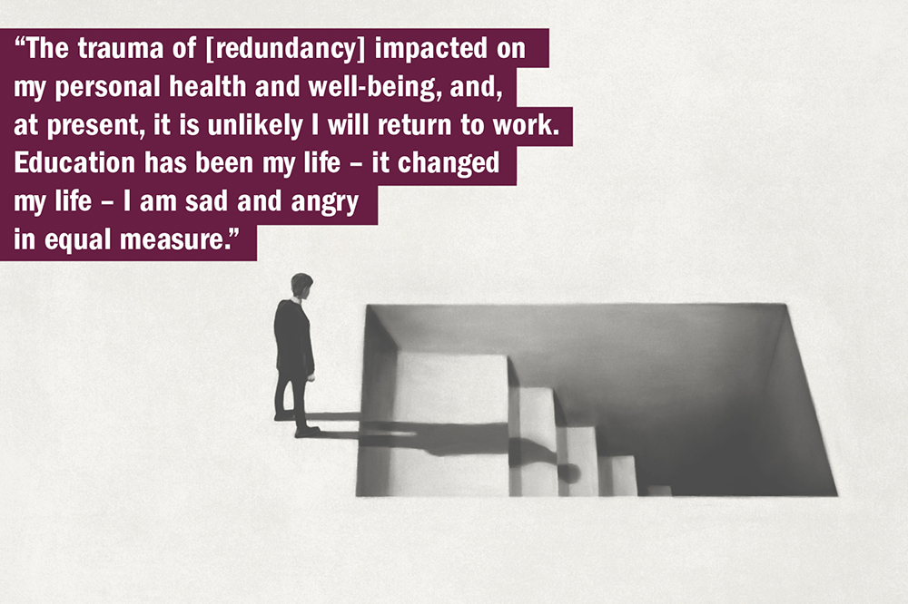 THE UK University Redundancy Survey. Person looking at steps leading downwards, illustrating the trauma of redundancy.