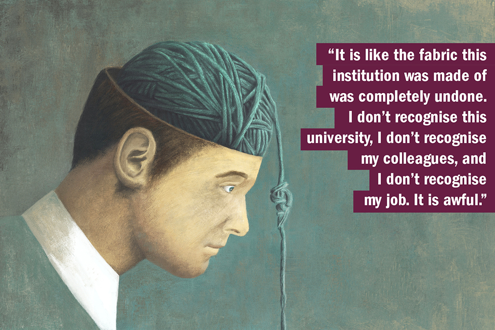 THE UK University Redundancy Survey. Person with fabric unravelling from their head.