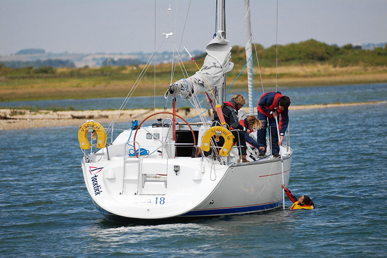 People on a yacht helping someone who fell overboard. To illustrate attempts to remove boundaries between technical and academic roles.