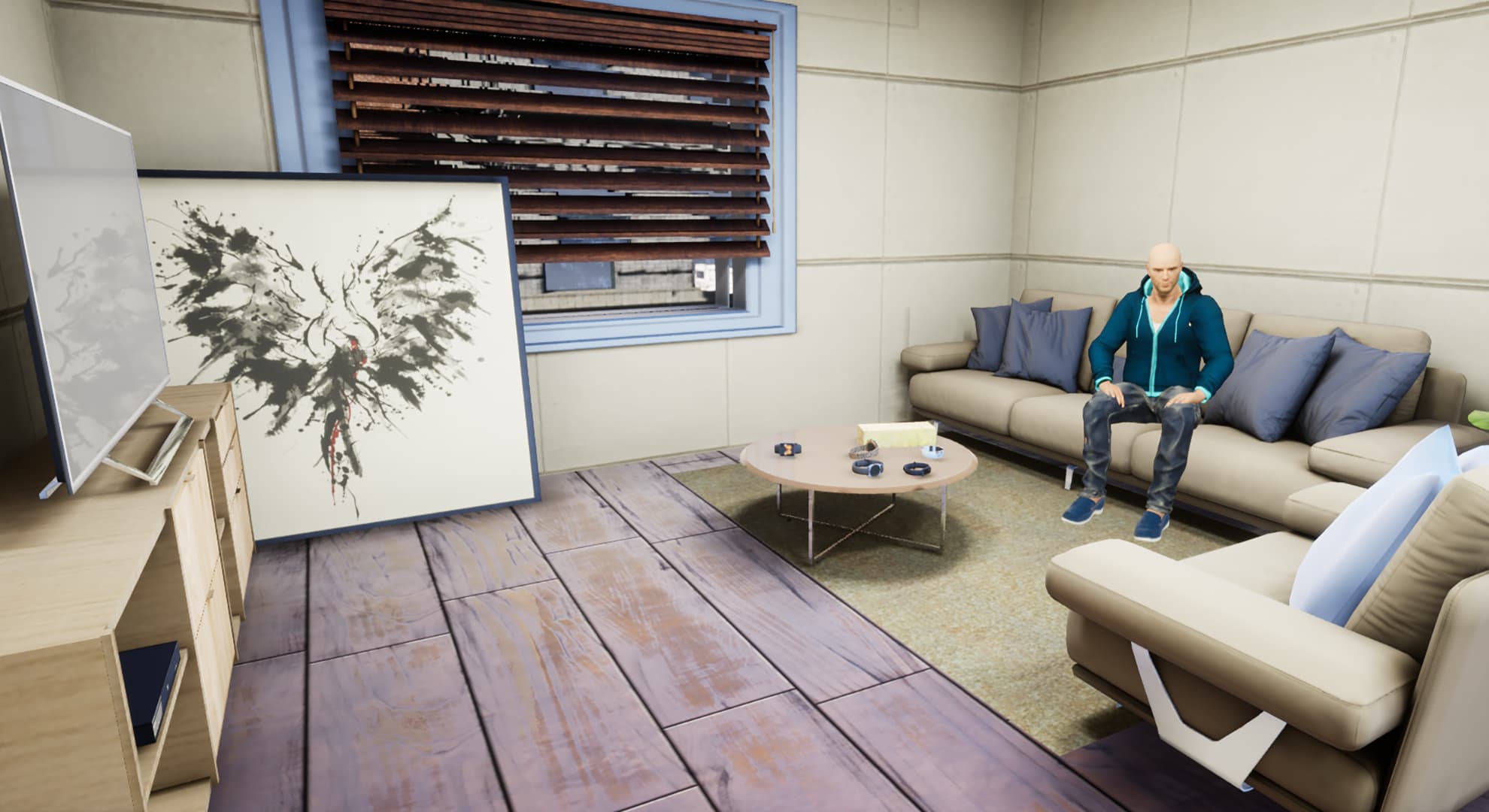 VR burglar sitting on a sofa inside mansion