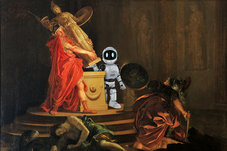 A robot easily helping to lift a statue in an old painting. To illustrate that AI can help in producing research without the need for struggle. A robot easily helping to lift a statue in an old painting. To illustrate that AI can help in producing research without the need for struggle.