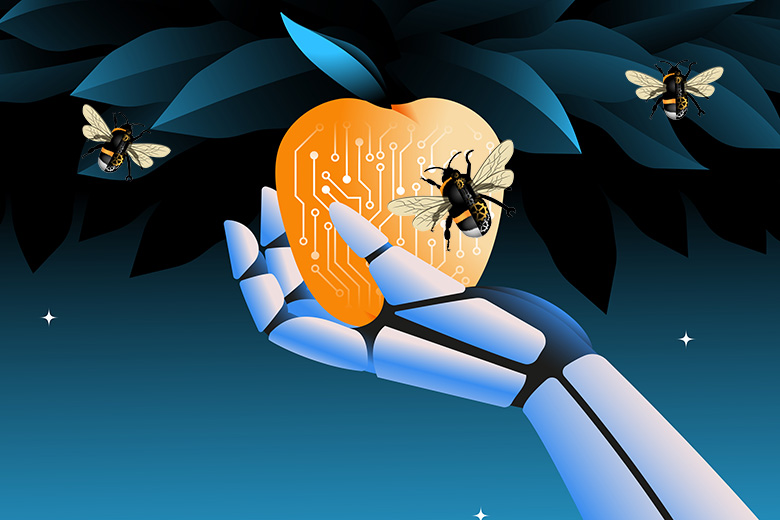 Illustration of a robot picking an apple, with robot bees. To illustrate that AI can take on much of the work.
