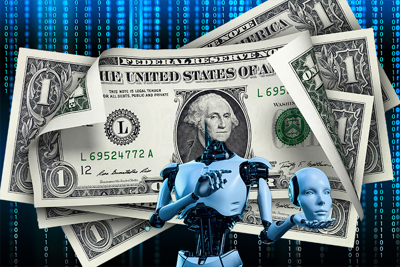 A robot removing its mask to reveal dollars, illustrating that edtech applications such as Einstein AI are more concerned with making money than helping with education and learning.