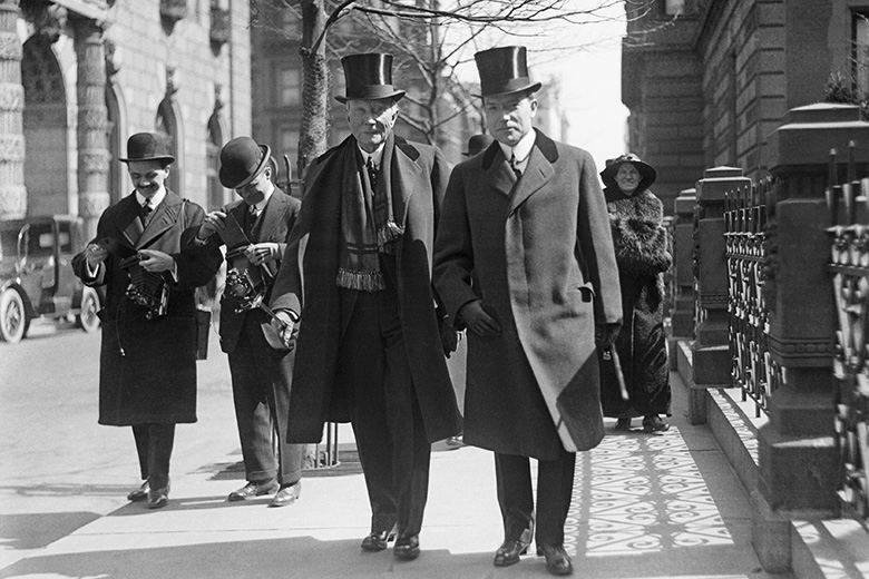 John D. Rockefeller Sr and John D. Rockefeller Jr pictured on Fifth Avenue, New York, on Palm Sunday, 28 March 1915.