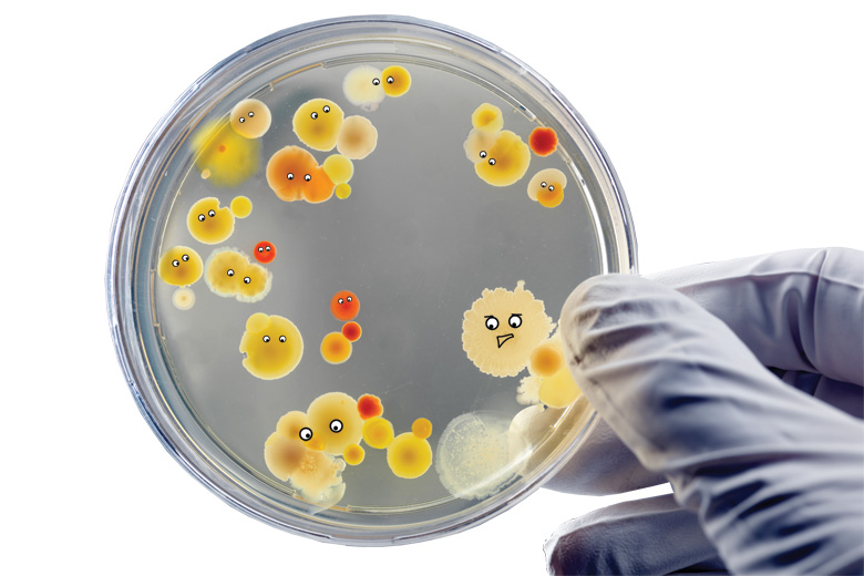 Scientist holding petri dish with germs showing facial expressions