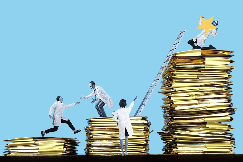 Scientists climbing up increasing piles of paperwork. To illustrate how hyper-prolific authors can distort rankings.