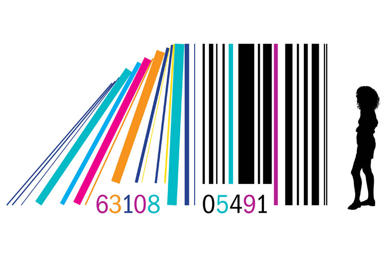 Silhouette of woman looking at barcode