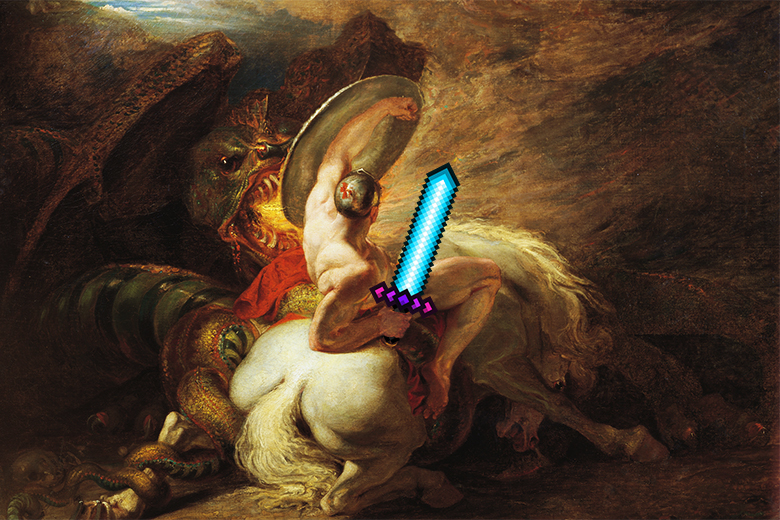 A painting showing a mythological hero on a white horse slaying a fire-breathing dragon, using an added pixelated sword. To illustrate that AI can be a useful tool in the right hands.