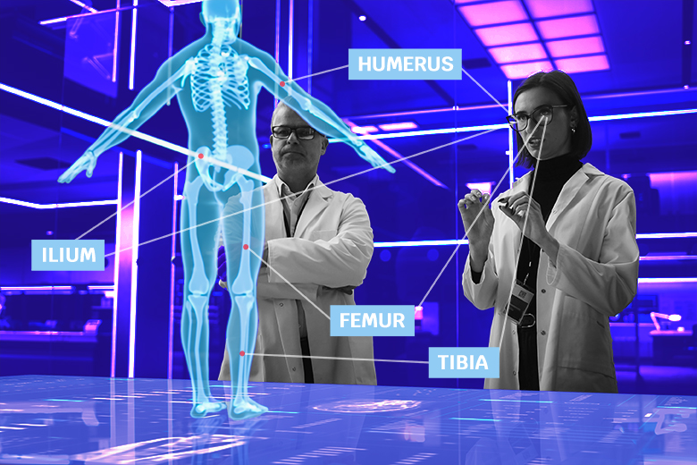 Student with teacher in laboratory using smart glasses to help label parts on a human skeleton. To illustrate the benefits of smart glasses in laboratory settings..
