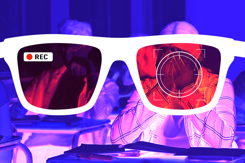 Smart glasses recording a student with head in her hands. To illustrate the fear of the covert capture of classroom proceedings undermining students’ willingness to risk making a mistake.