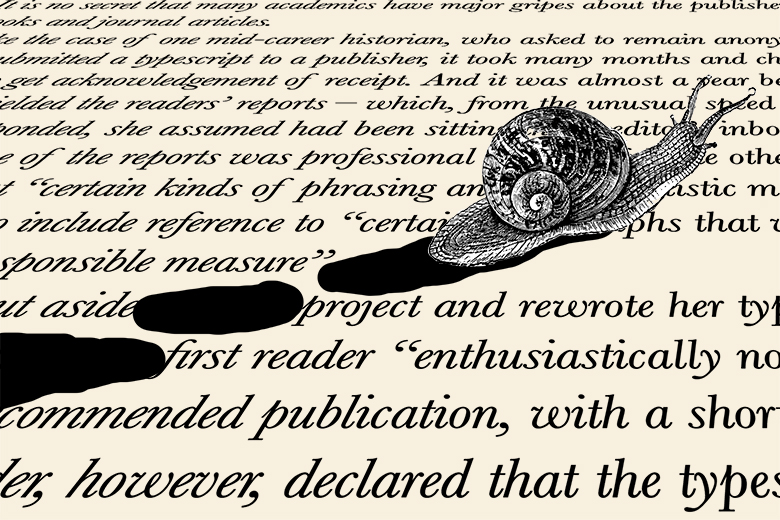 A snail moving over text, leaving a trail of redactions. To illustrate the slow pace of editors, with academics waiting months to hear replies about their submissions.