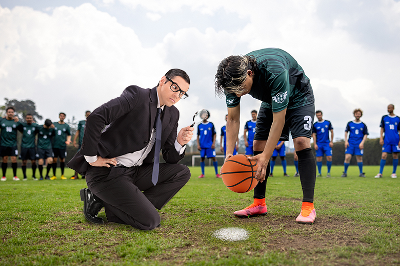 A man placing a basketball on a soccer penalty spot, watched closely by a man in a suit. To illustrate Skills England examining the mismatch between skills that employers need and those provided through courses.
